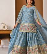 Dusty blue embroidery silk blend  sharara suit set