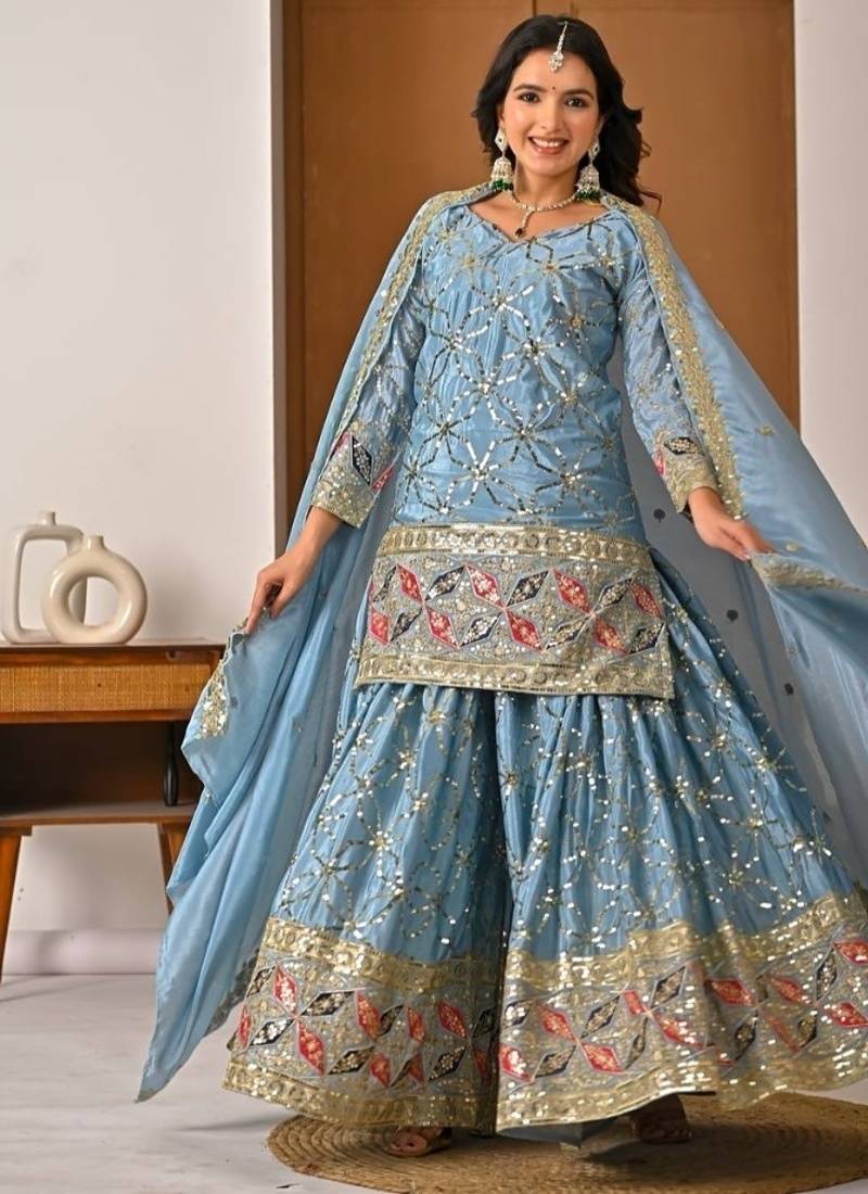 Dusty blue embroidery silk blend  sharara suit set