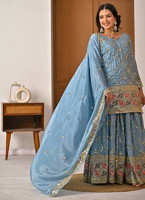 Dusty blue embroidery silk blend  sharara suit set 2