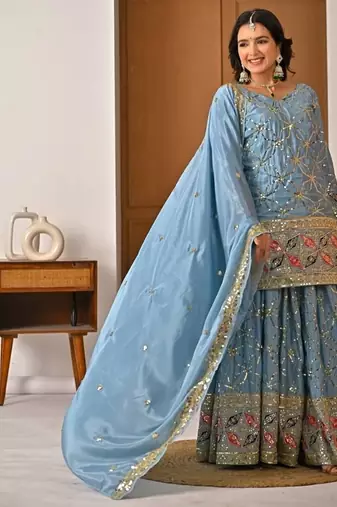 Dusty blue embroidery silk blend  sharara suit set