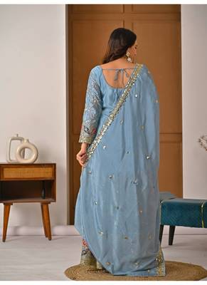 Dusty blue embroidery silk blend  sharara suit set 3