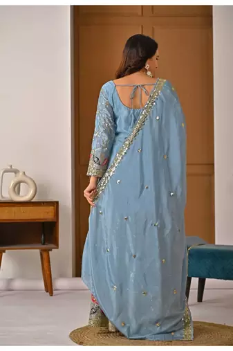 Dusty blue embroidery silk blend  sharara suit set