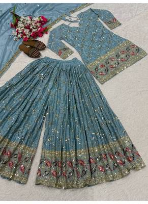 Dusty blue embroidery silk blend  sharara suit set 4