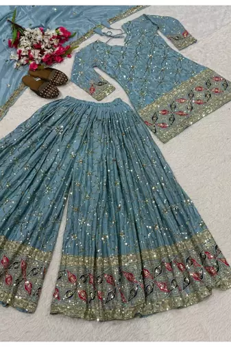 Dusty blue embroidery silk blend  sharara suit set