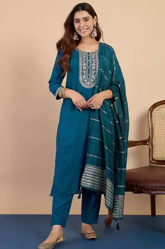 teal blended cotton festive kurta set