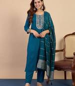 teal blended cotton festive kurta set