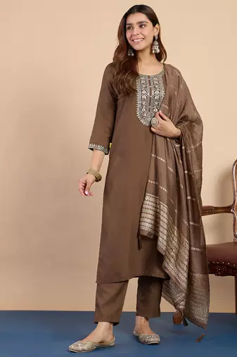 brown blended cotton festive kurta set