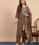 brown blended cotton festive kurta set