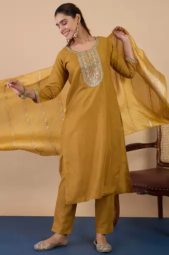 mustard blended cotton festive kurta set