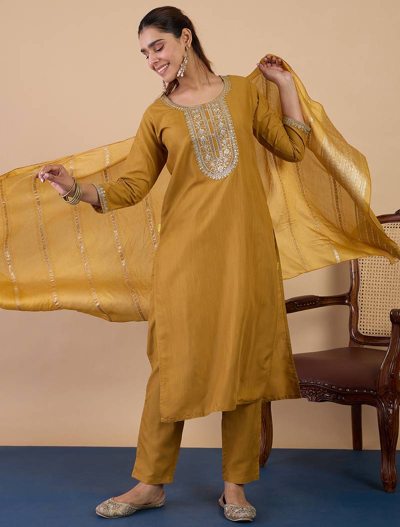 mustard blended cotton festive kurta set