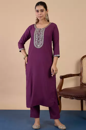 purple blended cotton festive kurta set