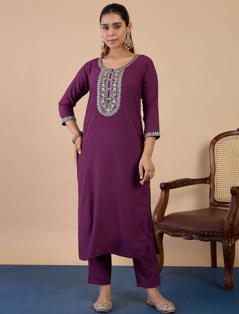 purple blended cotton festive kurta set