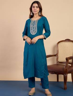 teal blended cotton festive kurta set 2
