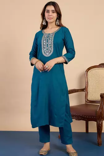 teal blended cotton festive kurta set