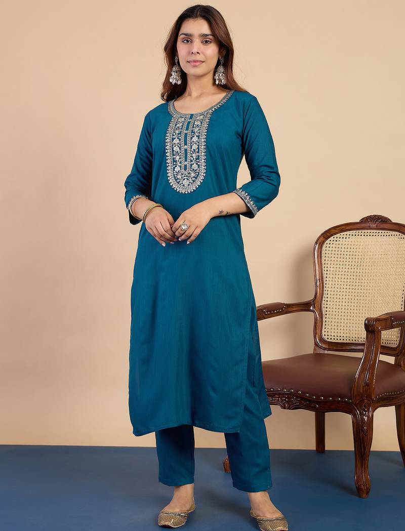 teal blended cotton festive kurta set