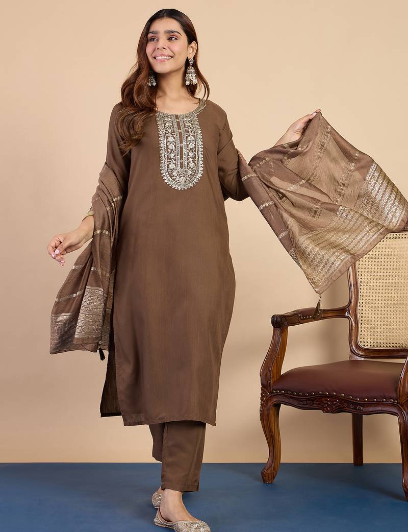 brown blended cotton festive kurta set