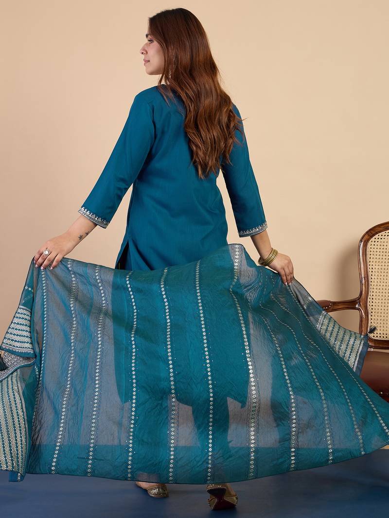 teal blended cotton festive kurta set