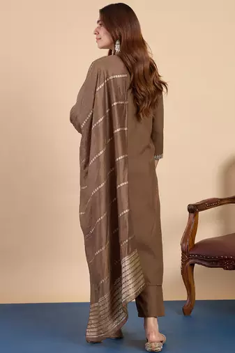 brown blended cotton festive kurta set