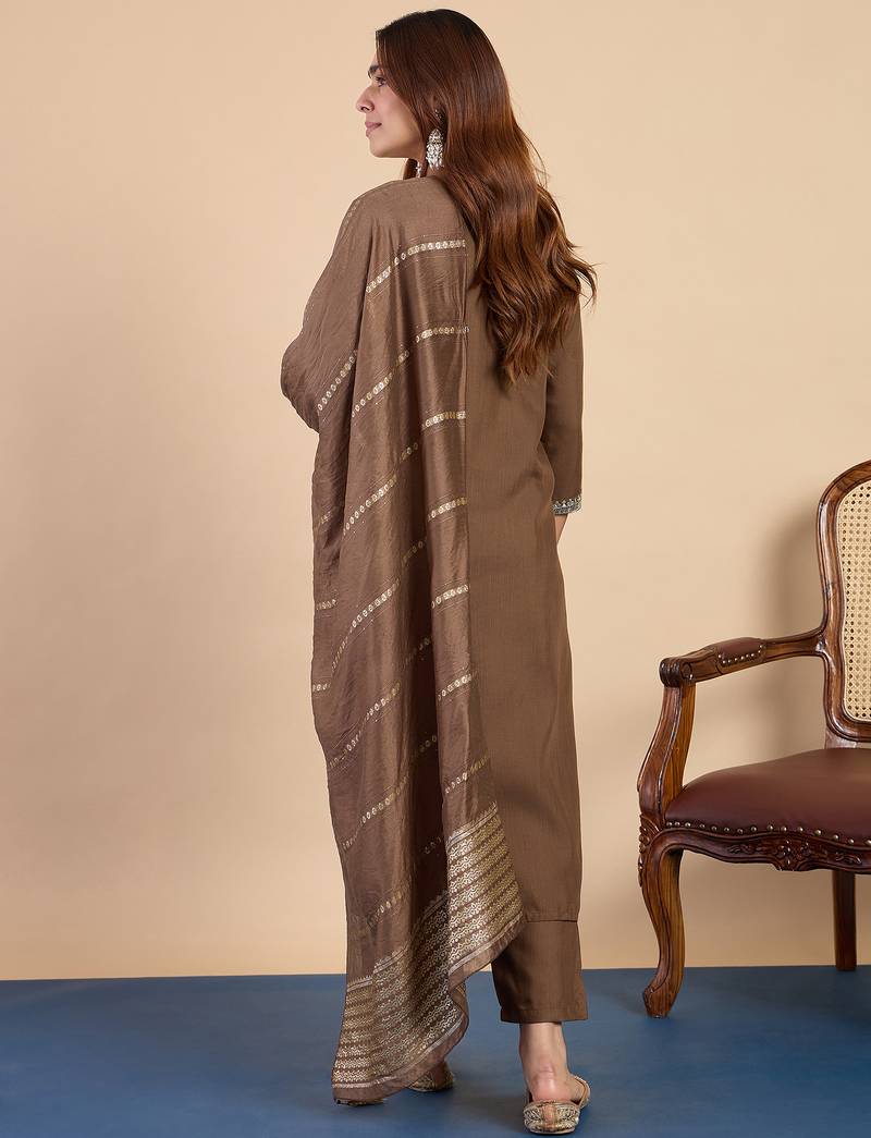 brown blended cotton festive kurta set