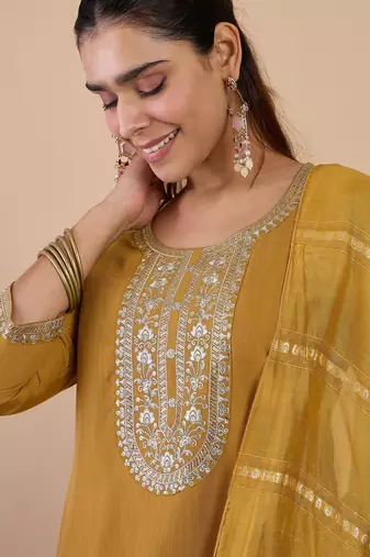 mustard blended cotton festive kurta set