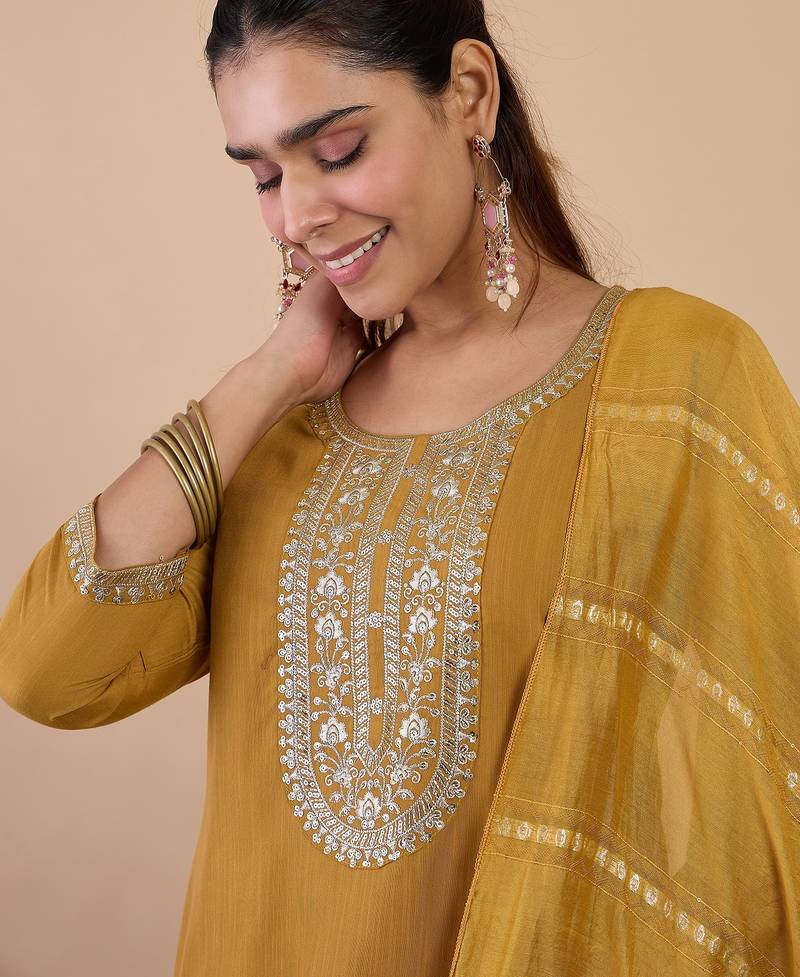 mustard blended cotton festive kurta set