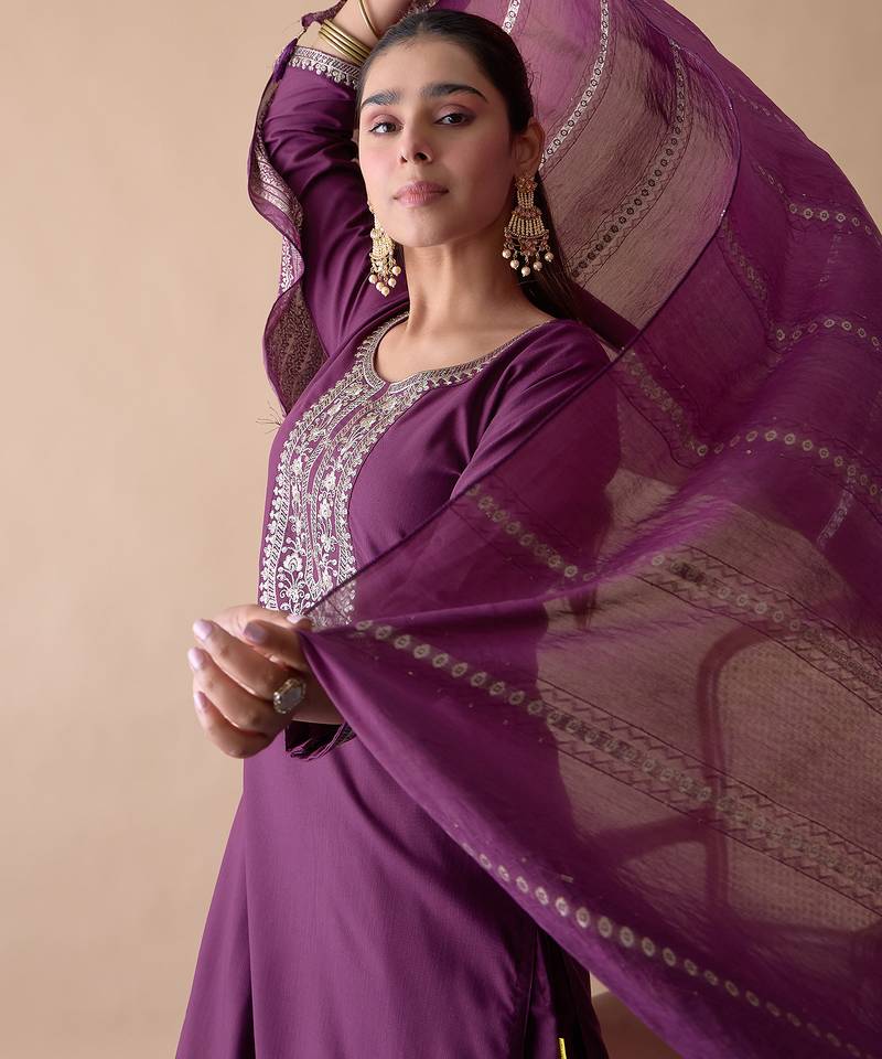 purple blended cotton festive kurta set