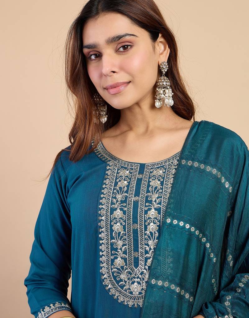 teal blended cotton festive kurta set