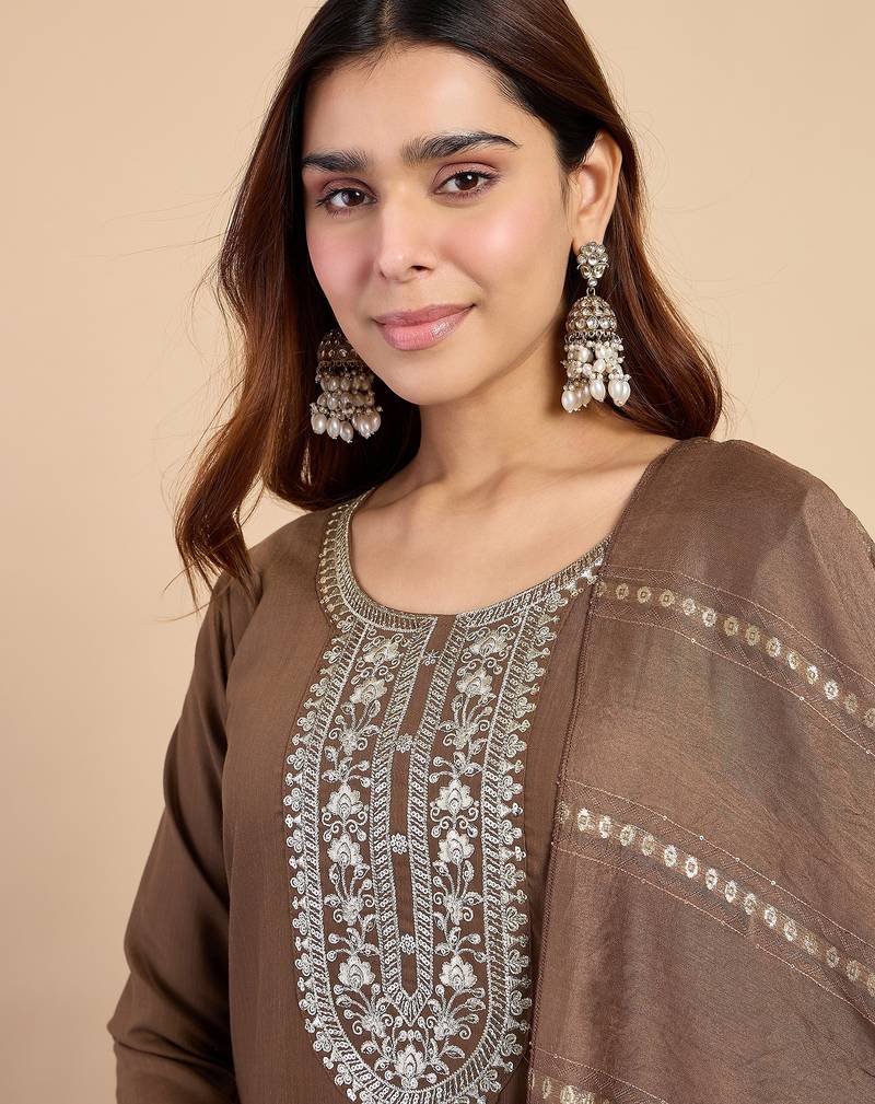 brown blended cotton festive kurta set