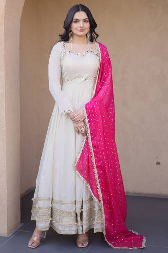 cream silk festive wear anarkali