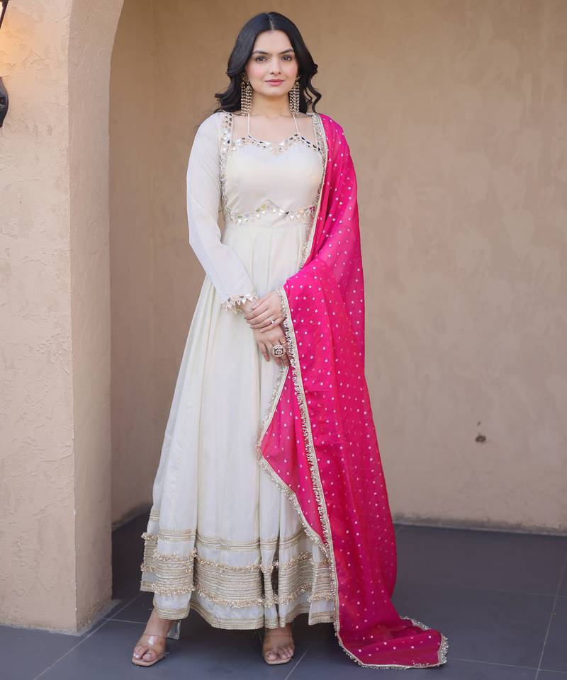 cream silk festive wear anarkali