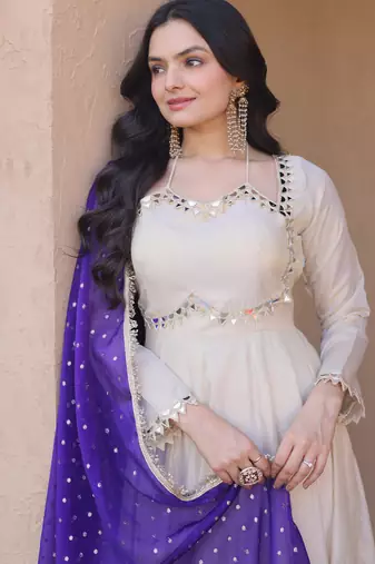 cream silk festive wear anarkali