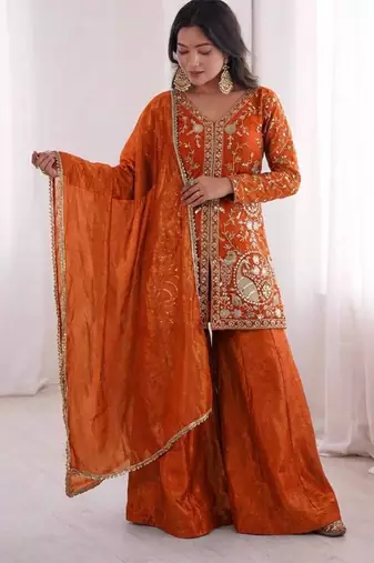 orange silk festive kurta set