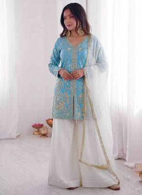 sky-blue silk festive kurta set 1