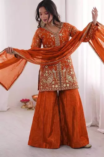 orange silk festive kurta set
