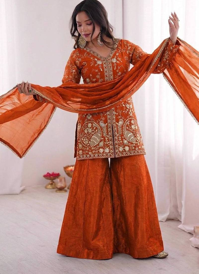 orange silk festive kurta set