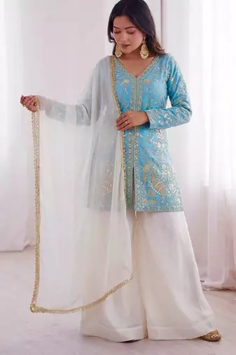 sky-blue silk festive kurta set