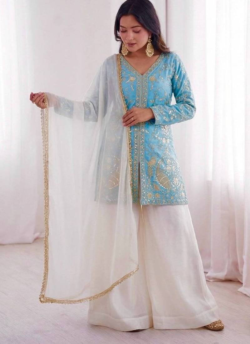 sky-blue silk festive kurta set