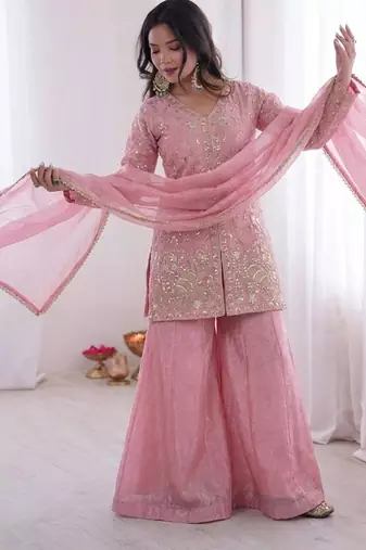 light-pink silk festive kurta set