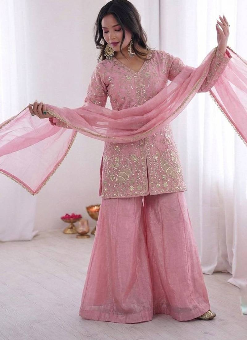 light-pink silk festive kurta set