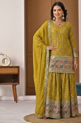Mustard yellow embroidery silk blend  sharara suit set