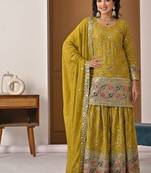 Mustard yellow embroidery silk blend  sharara suit set