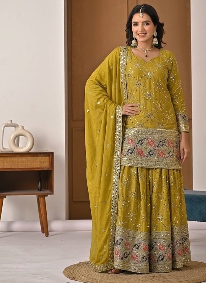 Mustard yellow embroidery silk blend  sharara suit set