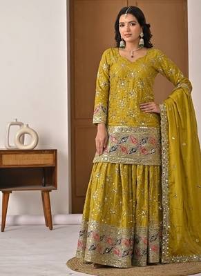 Mustard yellow embroidery silk blend  sharara suit set 2