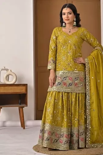 Mustard yellow embroidery silk blend  sharara suit set