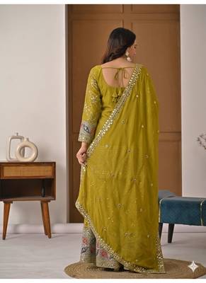 Mustard yellow embroidery silk blend  sharara suit set 3