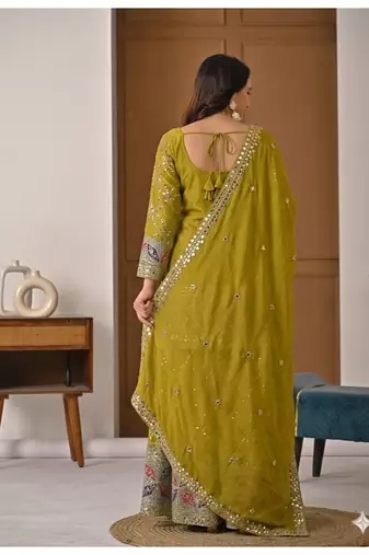 Mustard yellow embroidery silk blend  sharara suit set