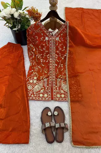 orange silk festive kurta set
