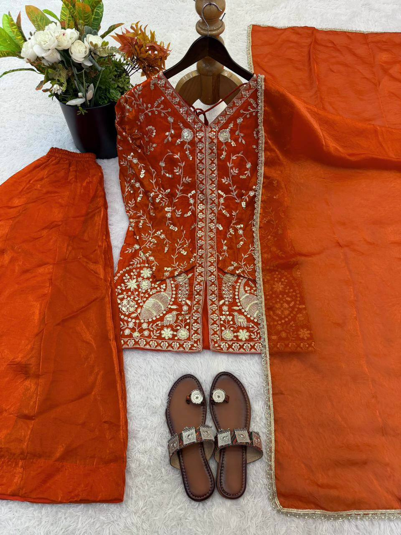 orange silk festive kurta set