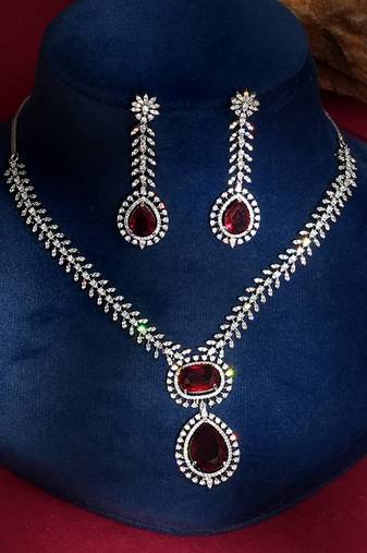 Red stones american diamond necklace set