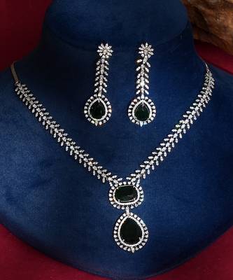 Emerald green stones american diamond necklace set 1